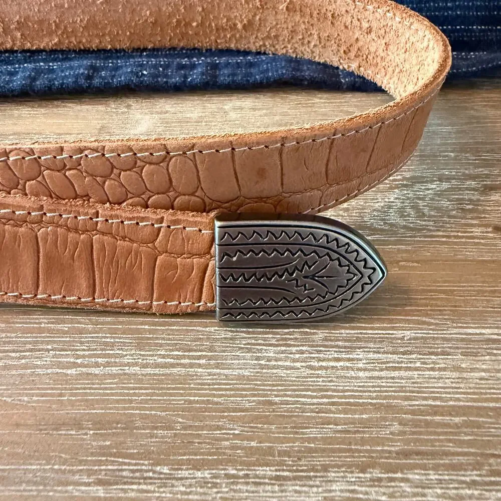 Vintage Belt 90s Southwestern Leather Tan Silver Tone Boho Medium Gift Country